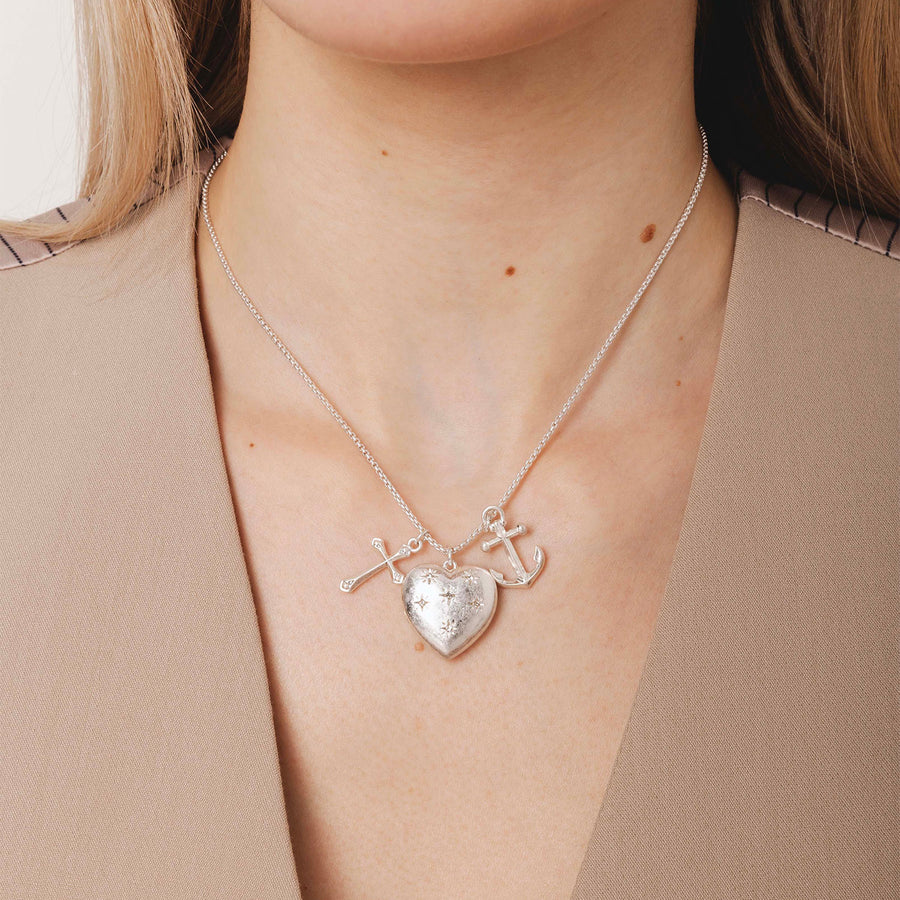 Faith, Hope & Charity Heart Locket Necklace Silver