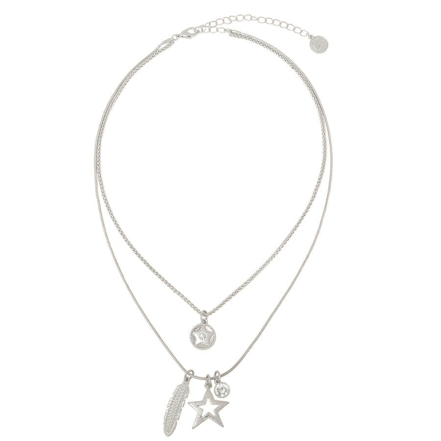 Celestial Feather Layered Necklace Silver