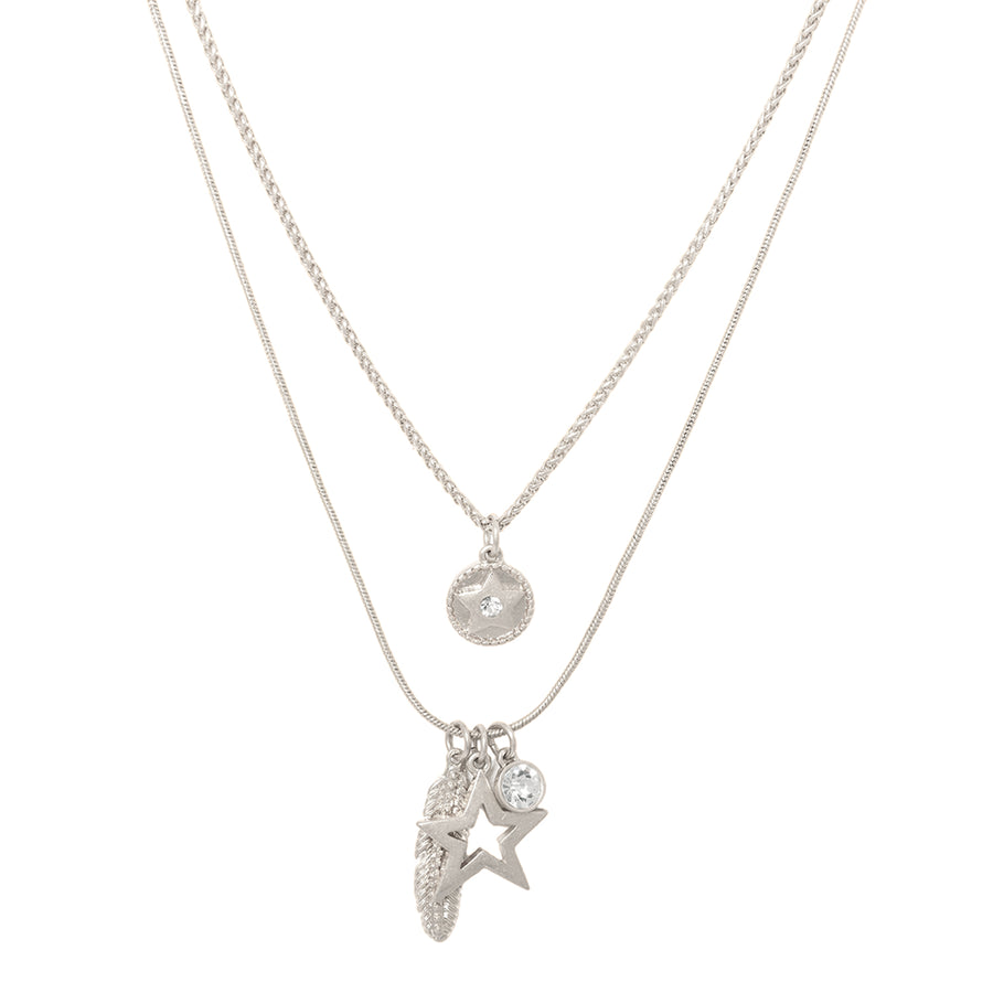Celestial Feather Layered Necklace Silver