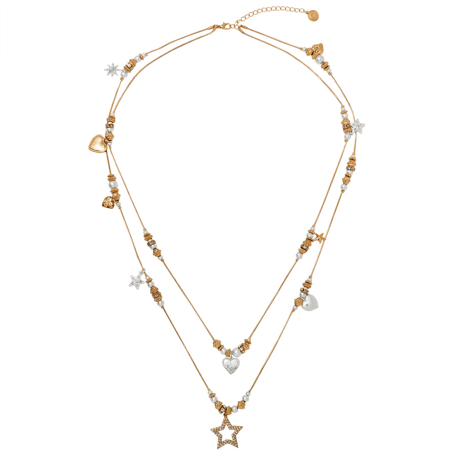 Gold and Silver 'Hearts and Stars' Long Layered Necklace