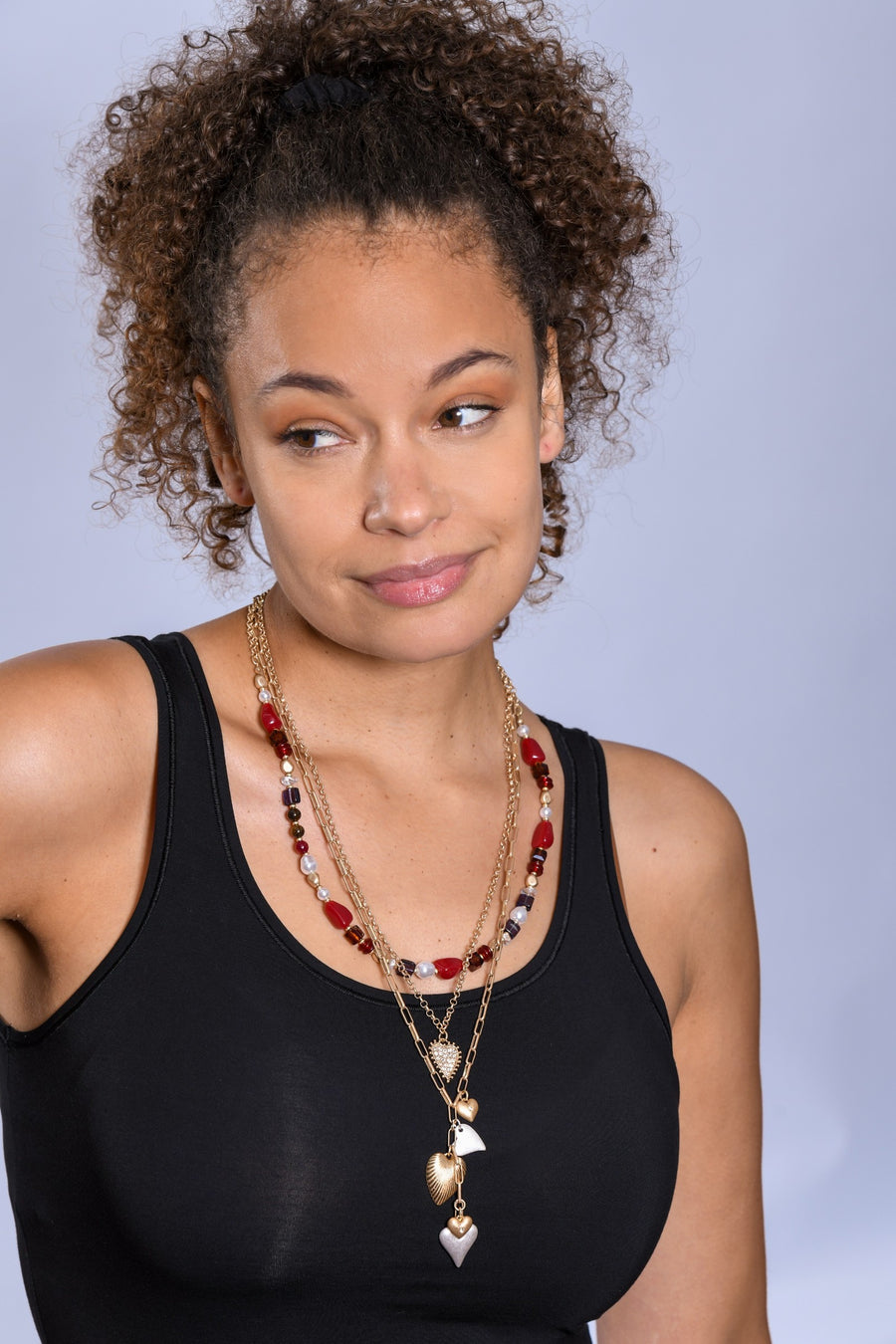 Three row heart tassle necklace